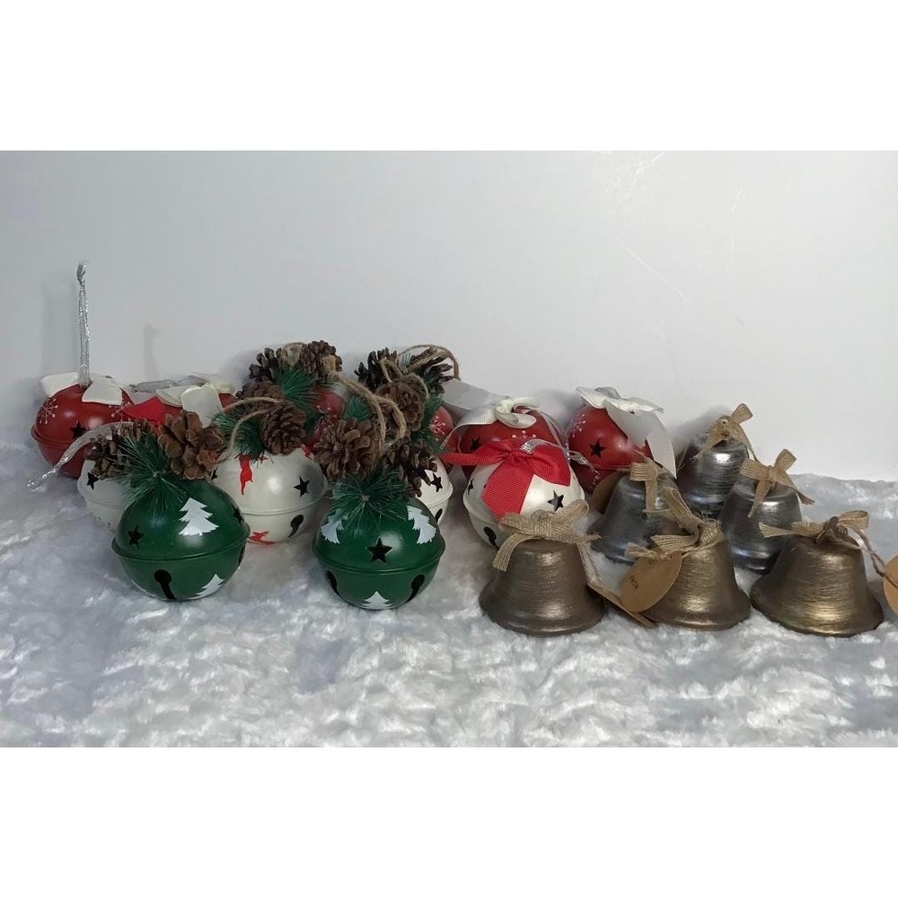 Christmas Bells - Stars & Pinecones Large Jingle Ornaments/Gift Toppers 18 Total